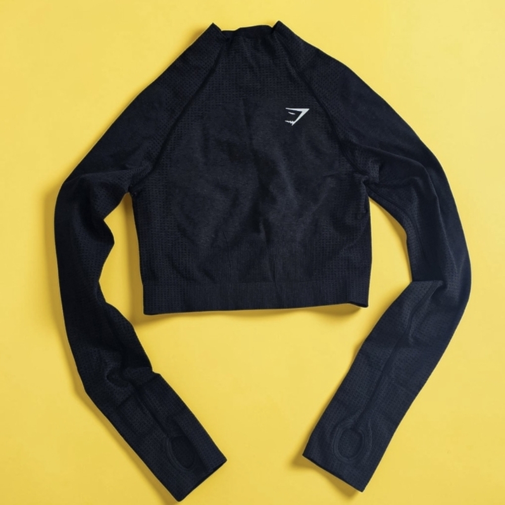 Gymshark Vital Seamless 2.0 High Neck Midi Top Crop Pullover Black Marl! M - Picture 2 of 4